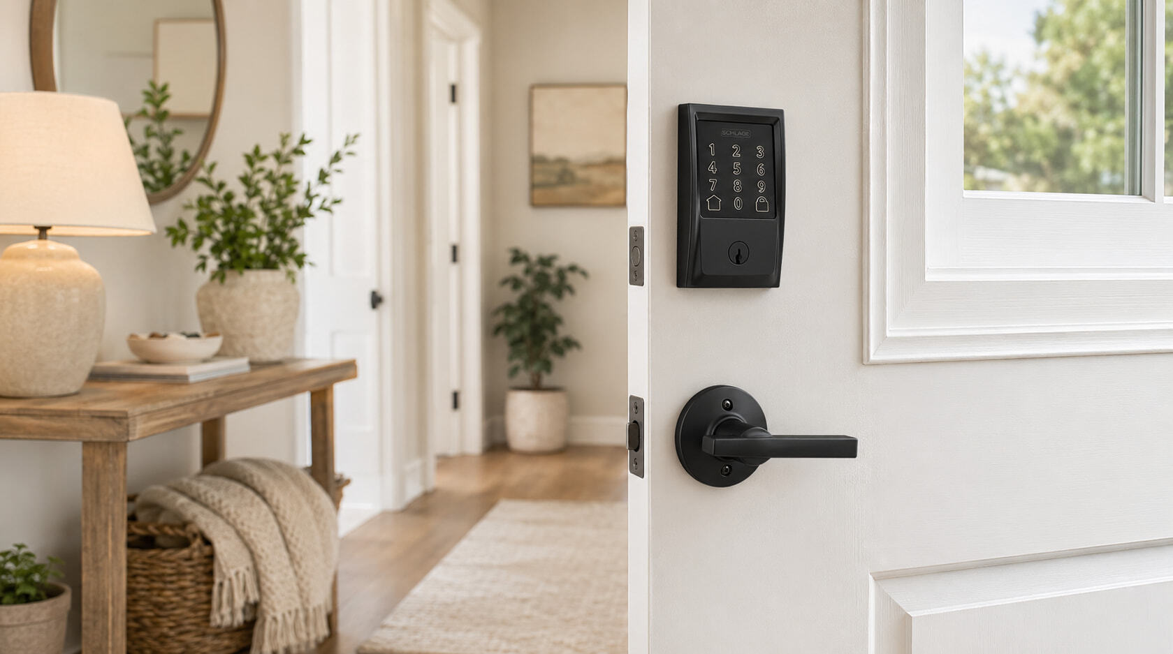 White front door with an Airbnb smart lock looking into a bright, welcoming entryway.