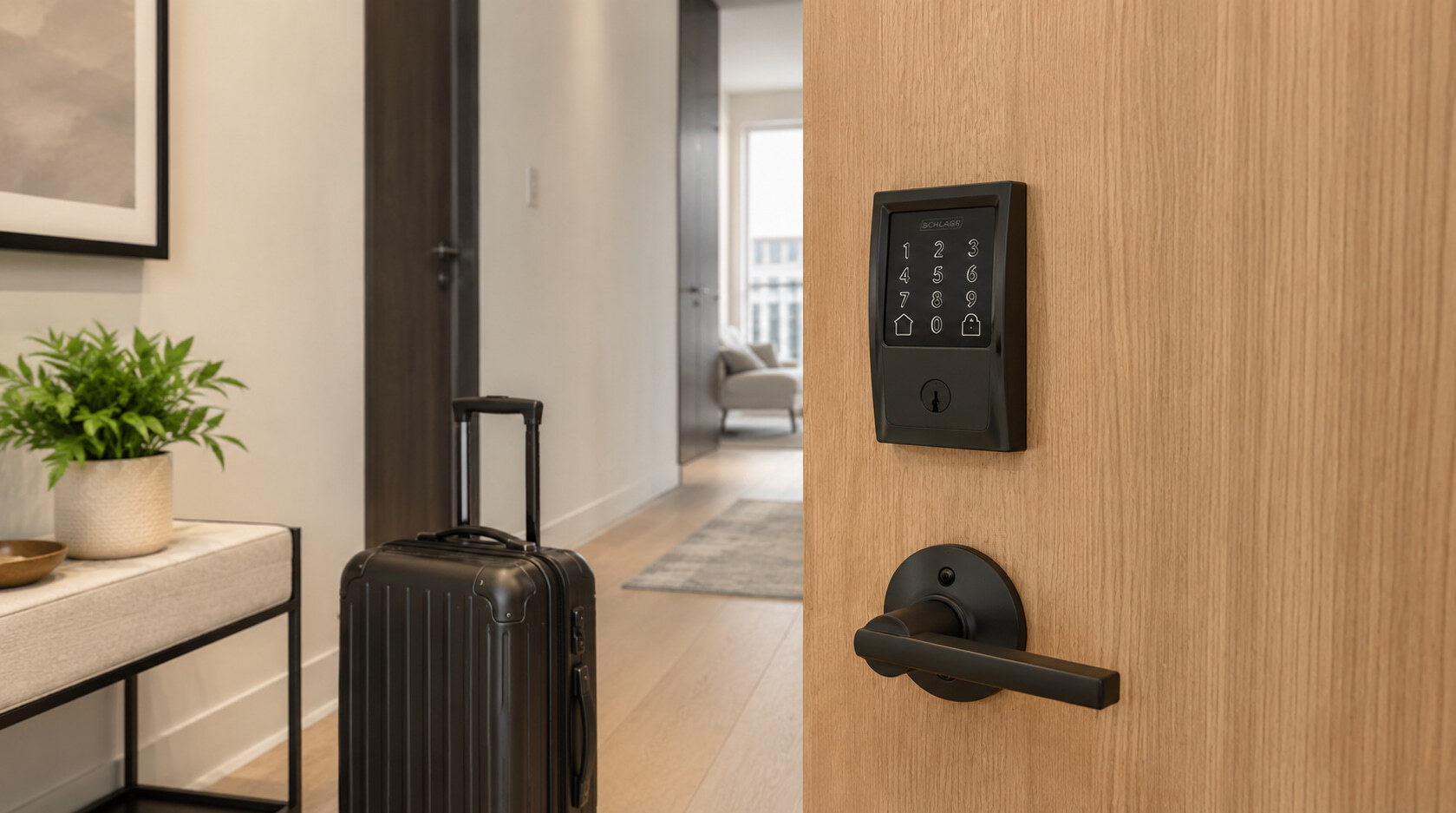 Wood door with an Airbnb smart lock opening into a hallway with a rolling suitcase.