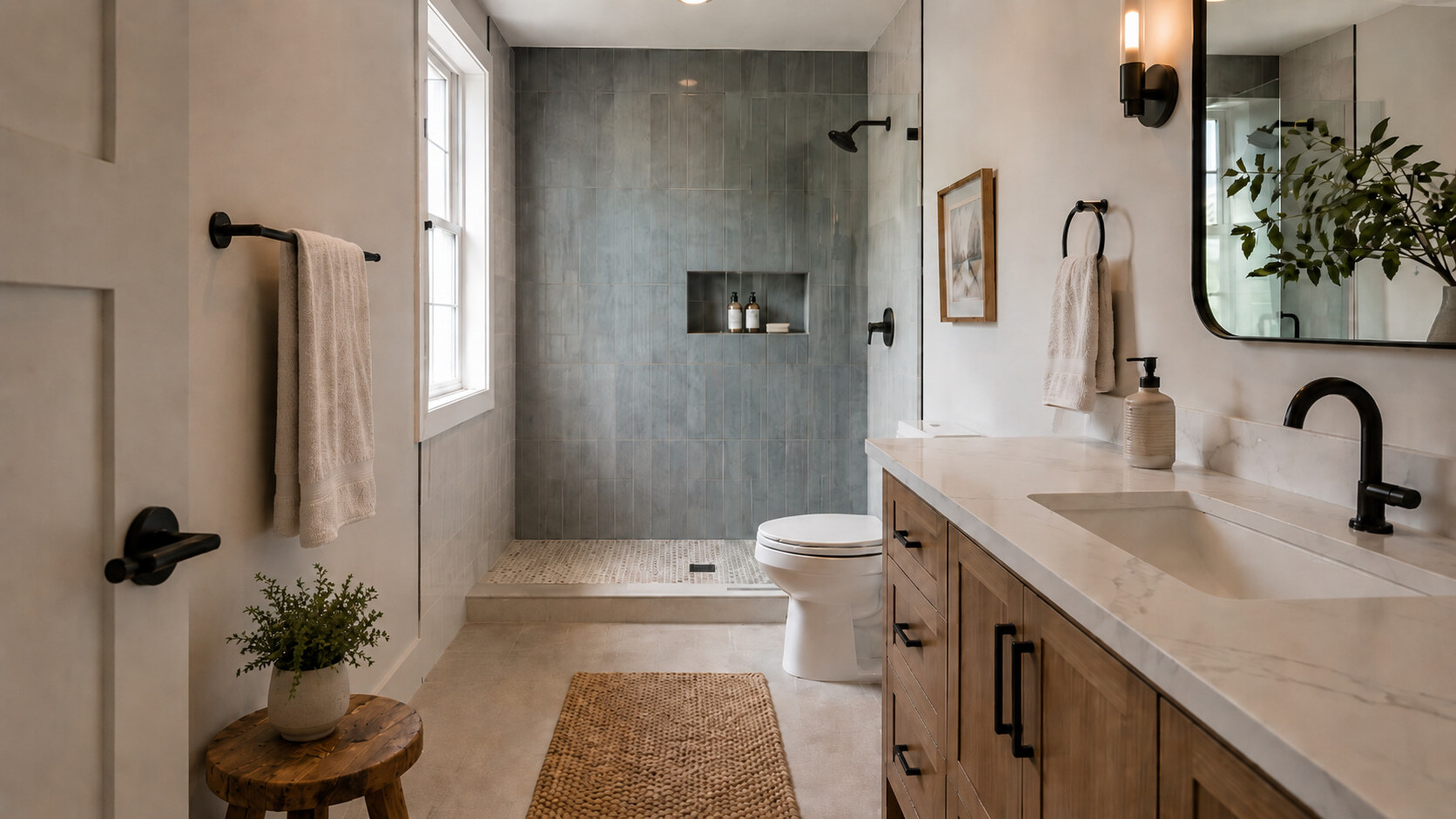 A bathroom featuring a wood vanity, a blue-tiled walk-in shower, and a small wooden stool with a plant.
