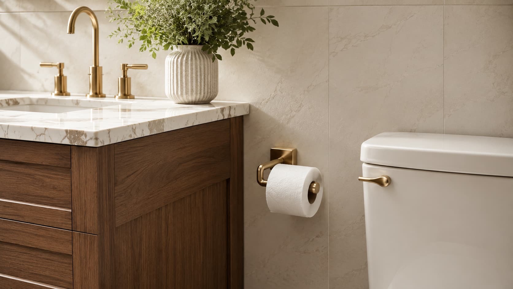 Close-up of a wood bathroom vanity, marble top, and wall-mounted toilet paper holder.