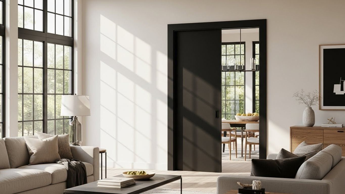 A bright living room with a black frame pocket door.