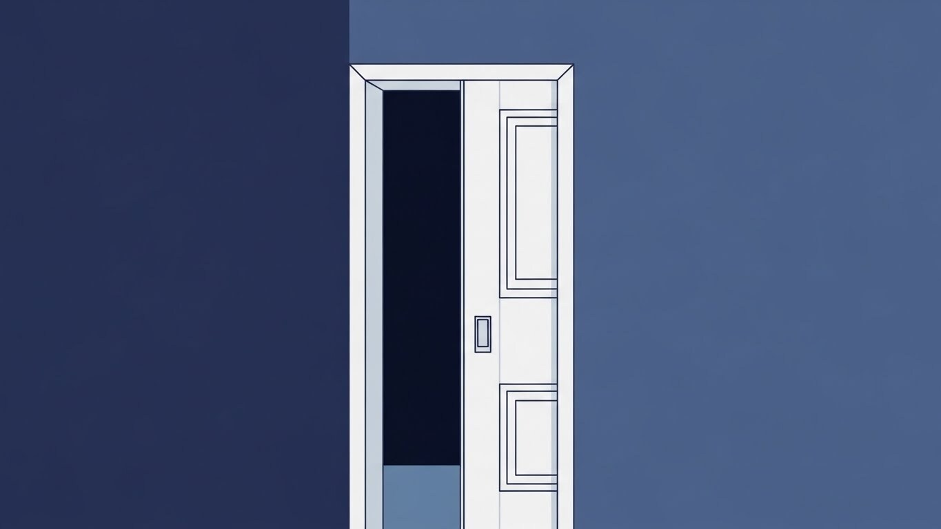An illustration of a minimalist white pocket door with rectangular panels partially open against a dark blue wall