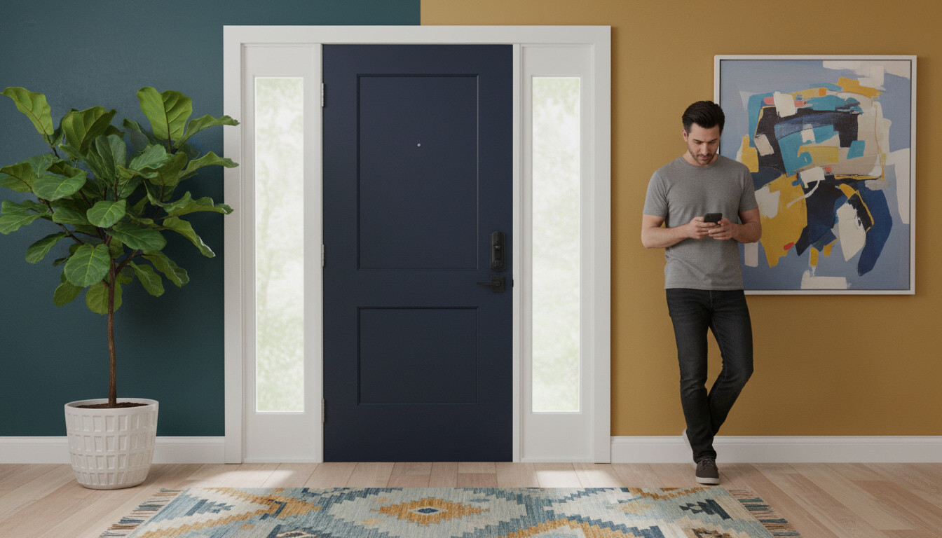 A man standing by a navy blue front door with a smart lock, using his smartphone to unlock it.