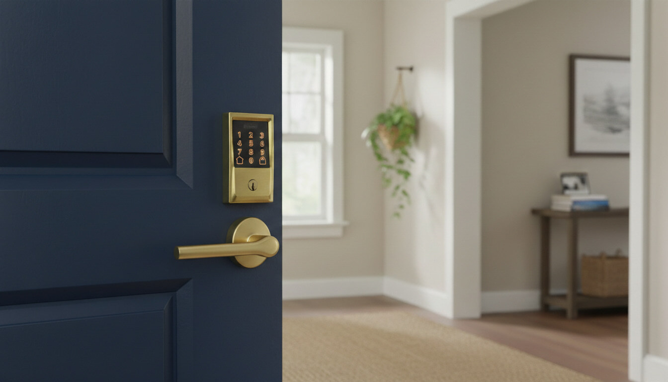 Navy blue interior door slightly ajar, featuring a gold smart keypad lock and lever handle.