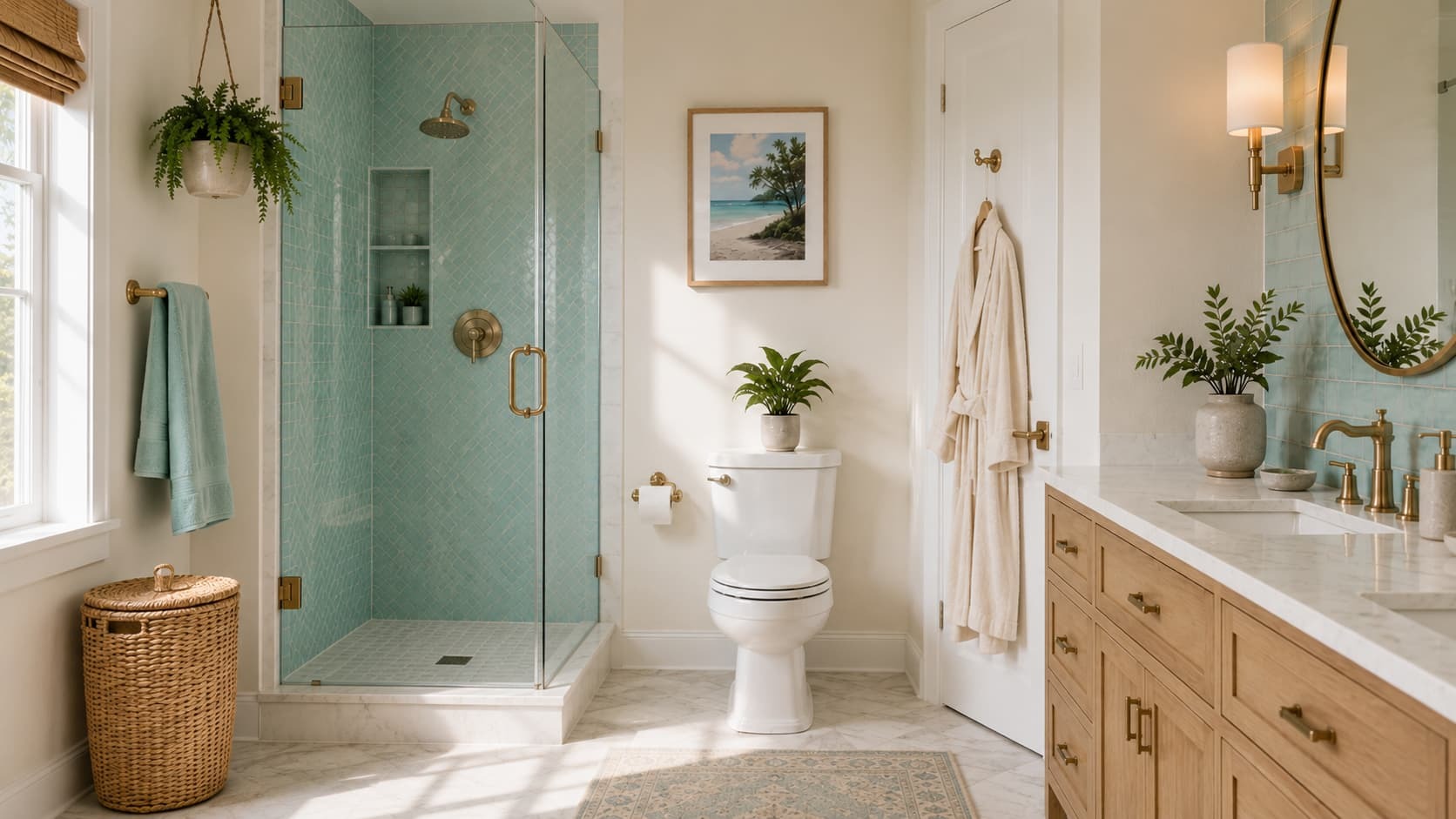 Bright bathroom with teal tiled shower, natural wood vanity, and decorative plant.