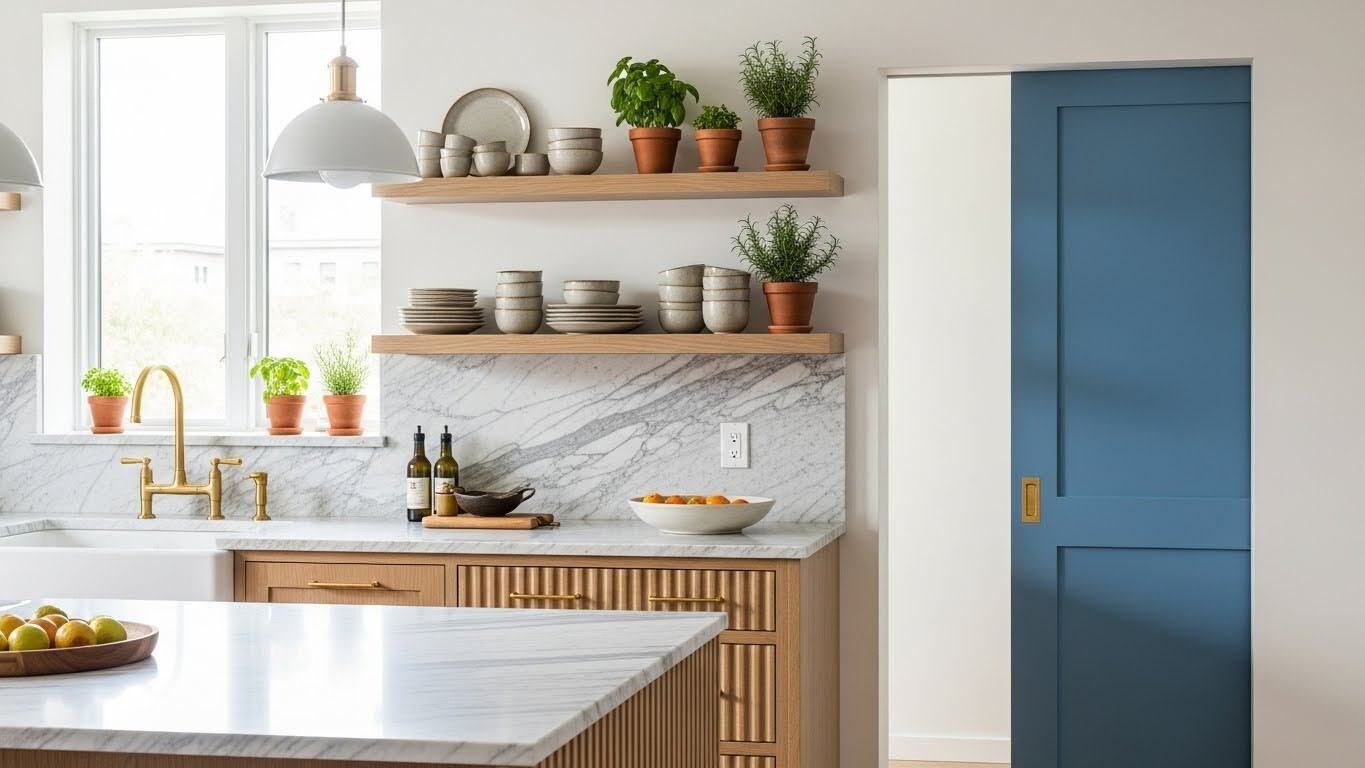 A matte blue pocket door in a kitchen