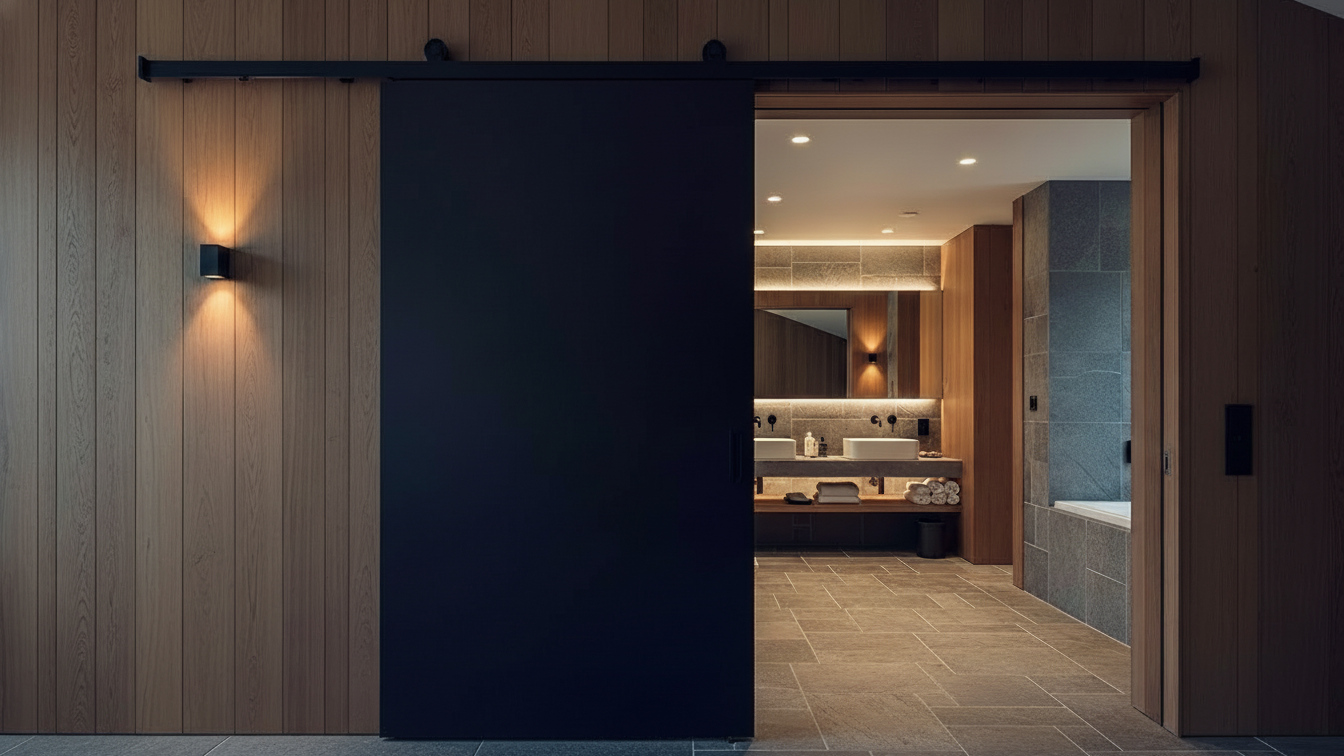 An open sliding door to a bathroom