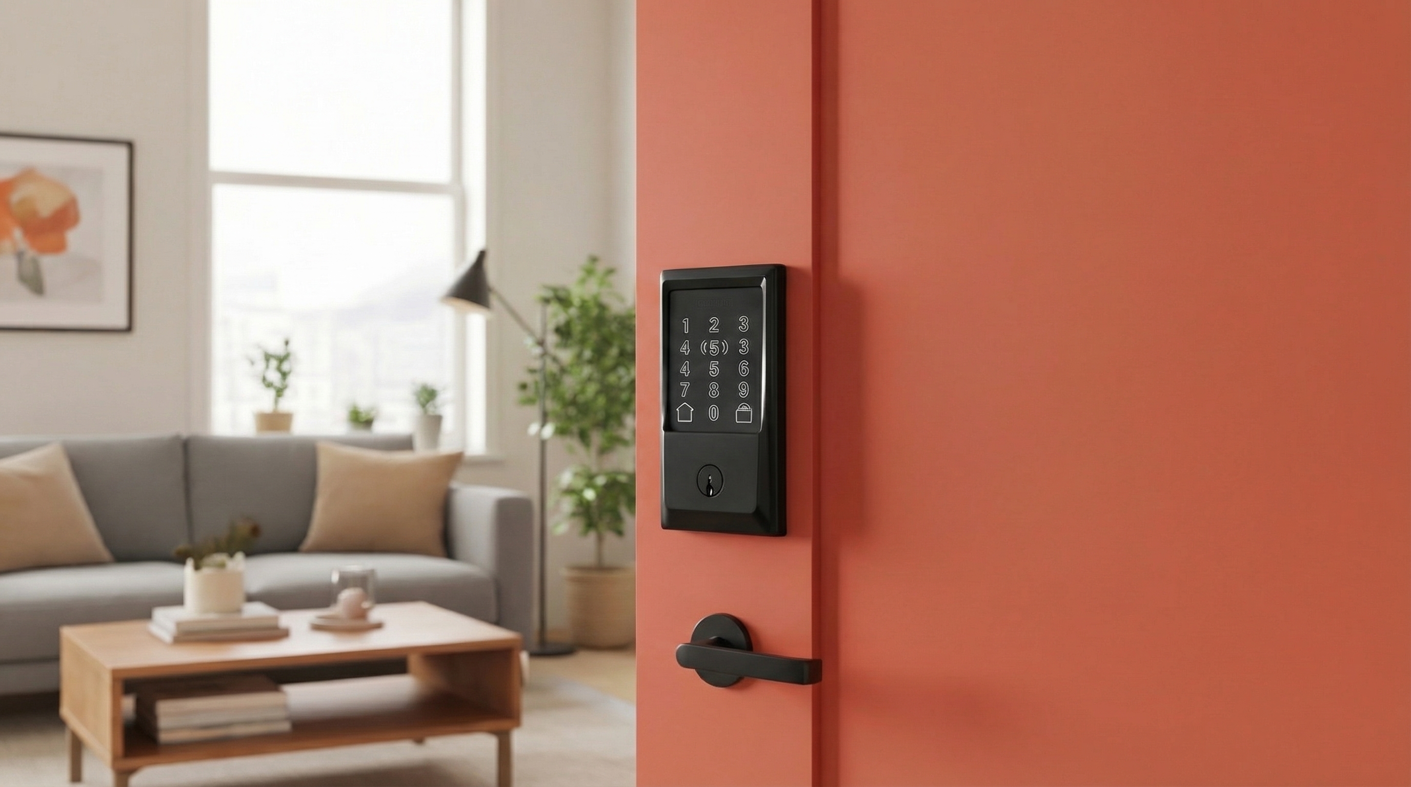 Coral pink door with a black smart lock keypad, overlooking a contemporary living room area.