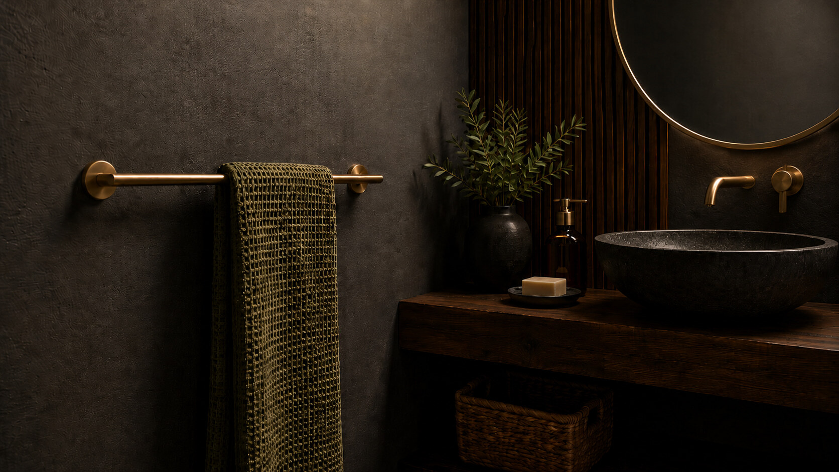 A close-up of a dark, rustic bathroom with a stone bowl sink and an olive green waffle-knit towel.