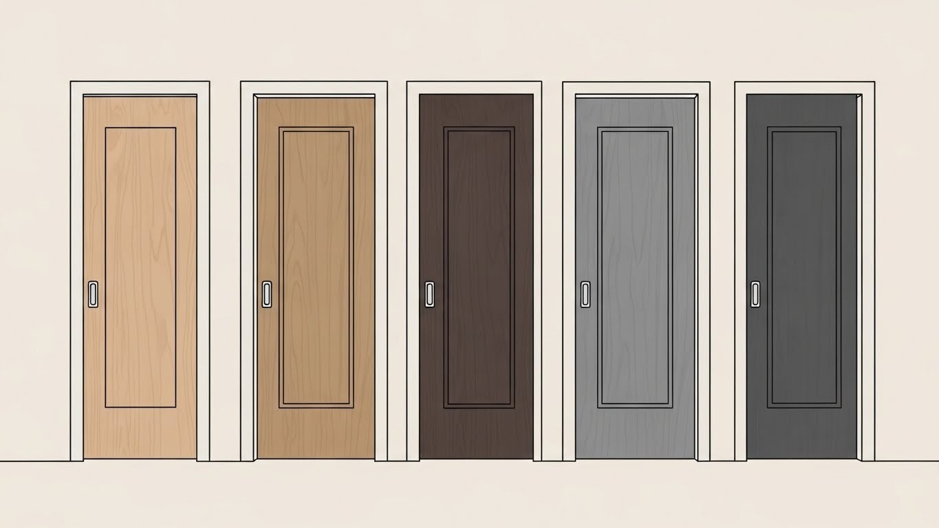 An illustration of a row of five sliding pocket doors shown in different finishes and colors, ranging from light natural oak to charcoal black.