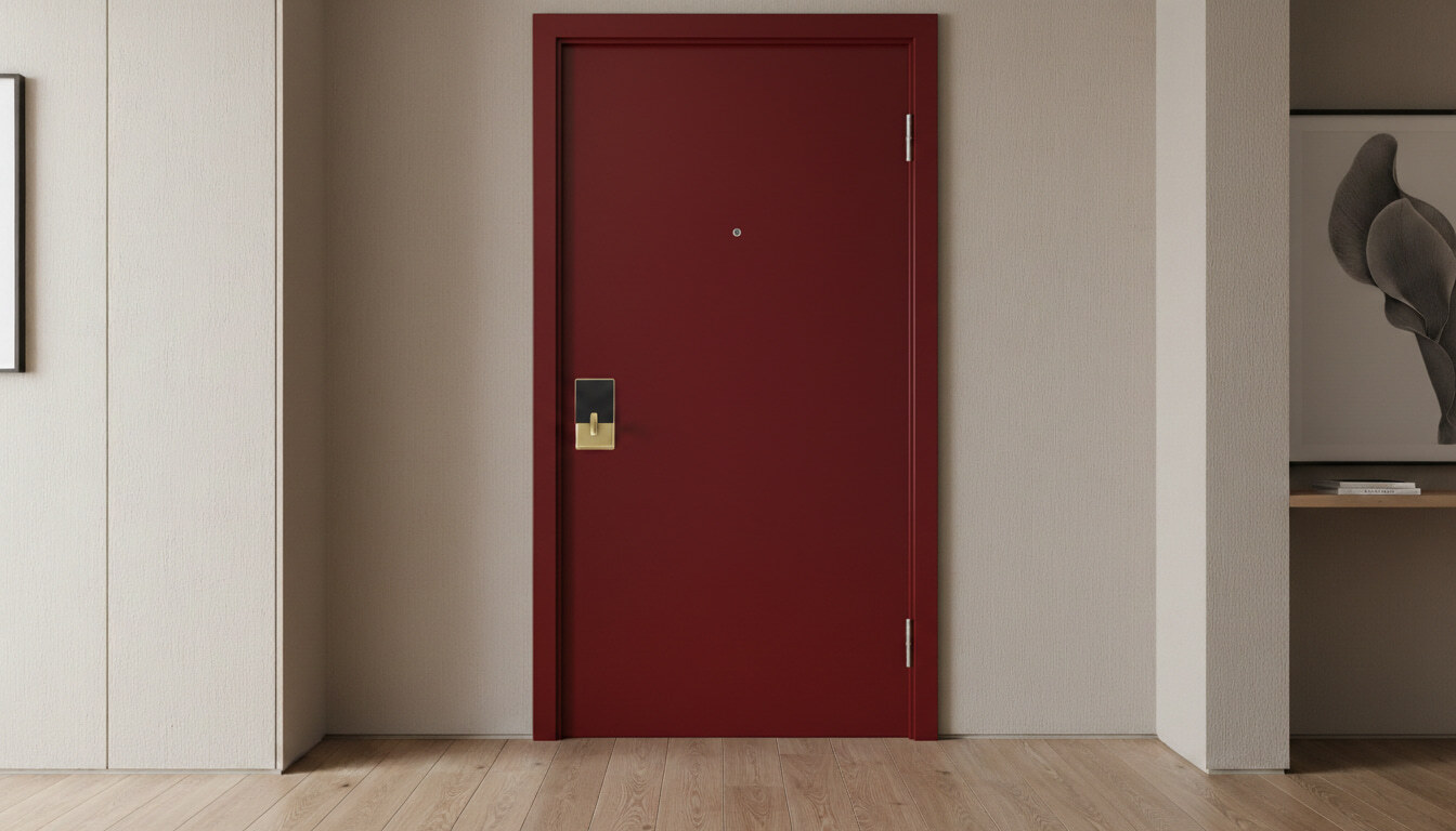 Deep red minimalist door with a sleek gold and black electronic lock in a neutral-toned room.