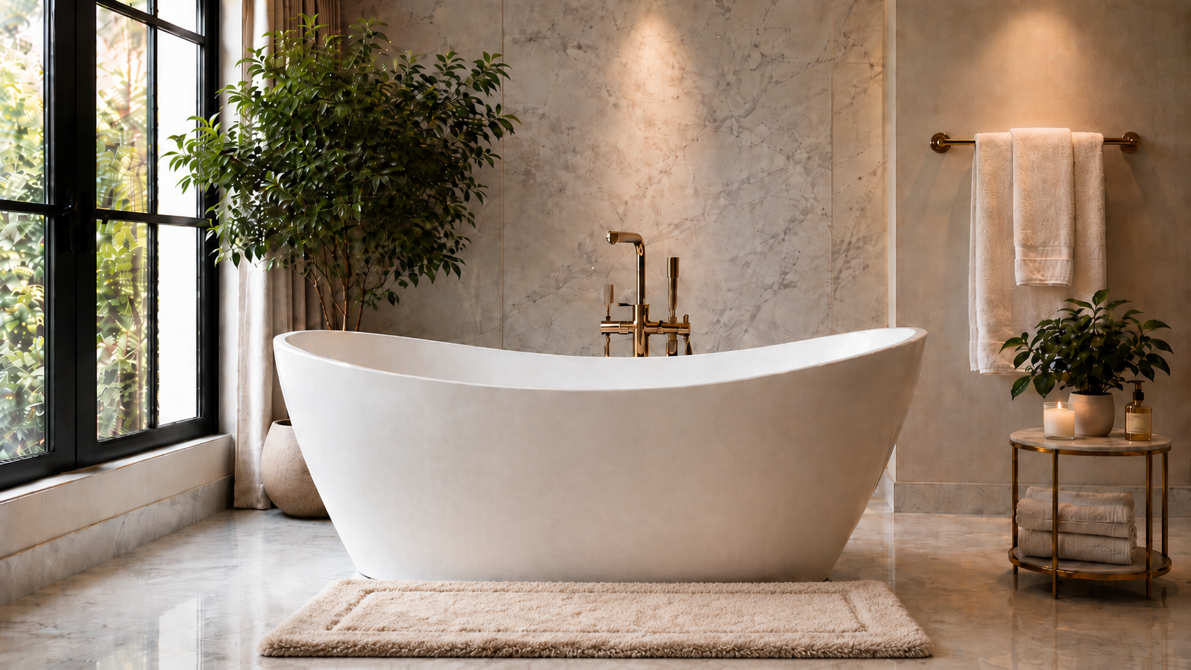 Freestanding bathtub in a bright room with marble walls and potted greenery.