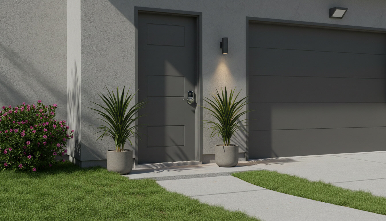 Grey modern entry door with a smart lock located next to a garage and desert-style landscaping.