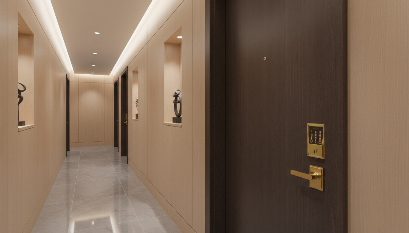 Dark wood apartment door with a gold smart lock in a modern, brightly lit hallway with wood paneling.