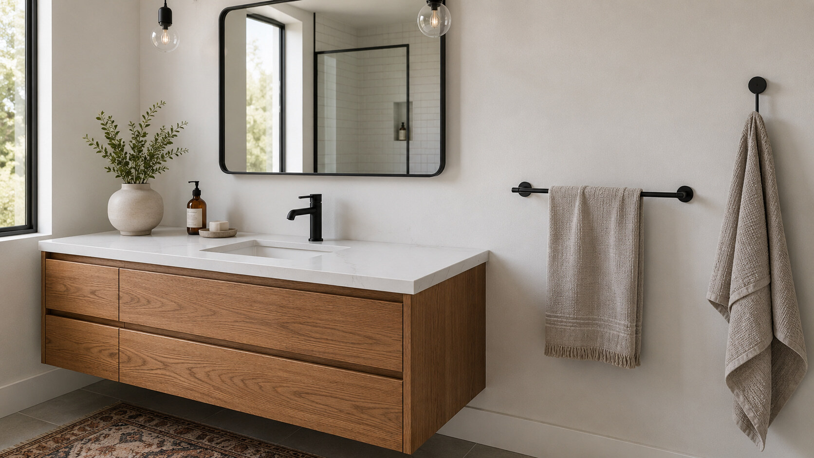 A modern floating wooden vanity with black fixtures and a simple mirror in a minimalist bathroom.