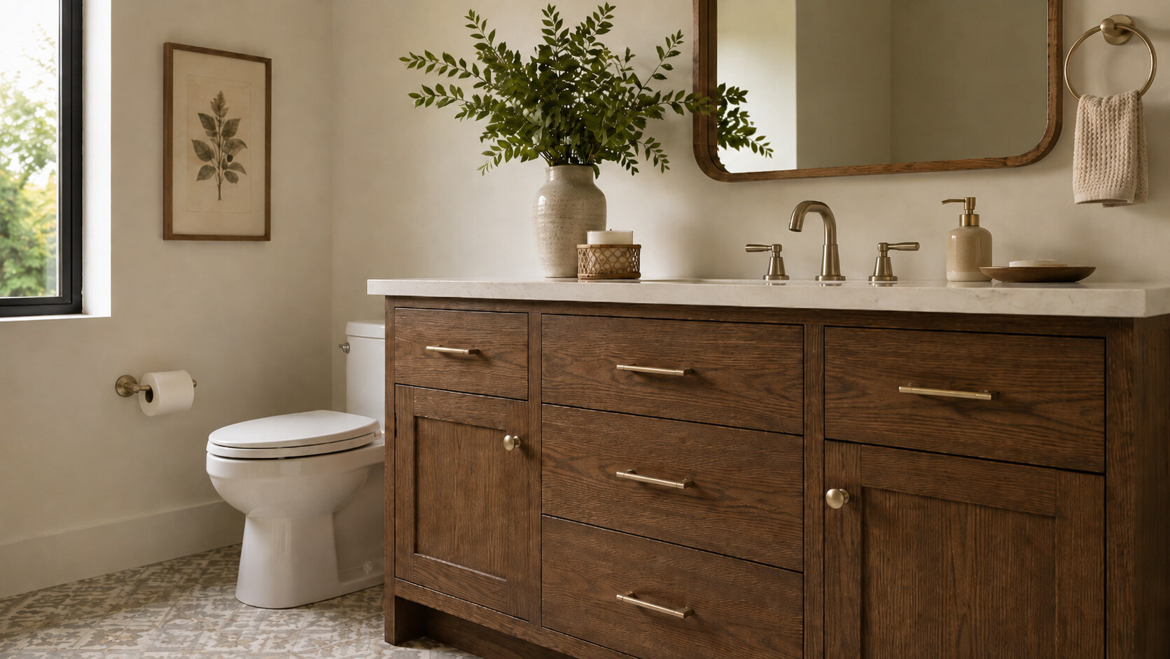 A wooden bathroom vanity with brass hardware, a white countertop, and a toilet to the left.
