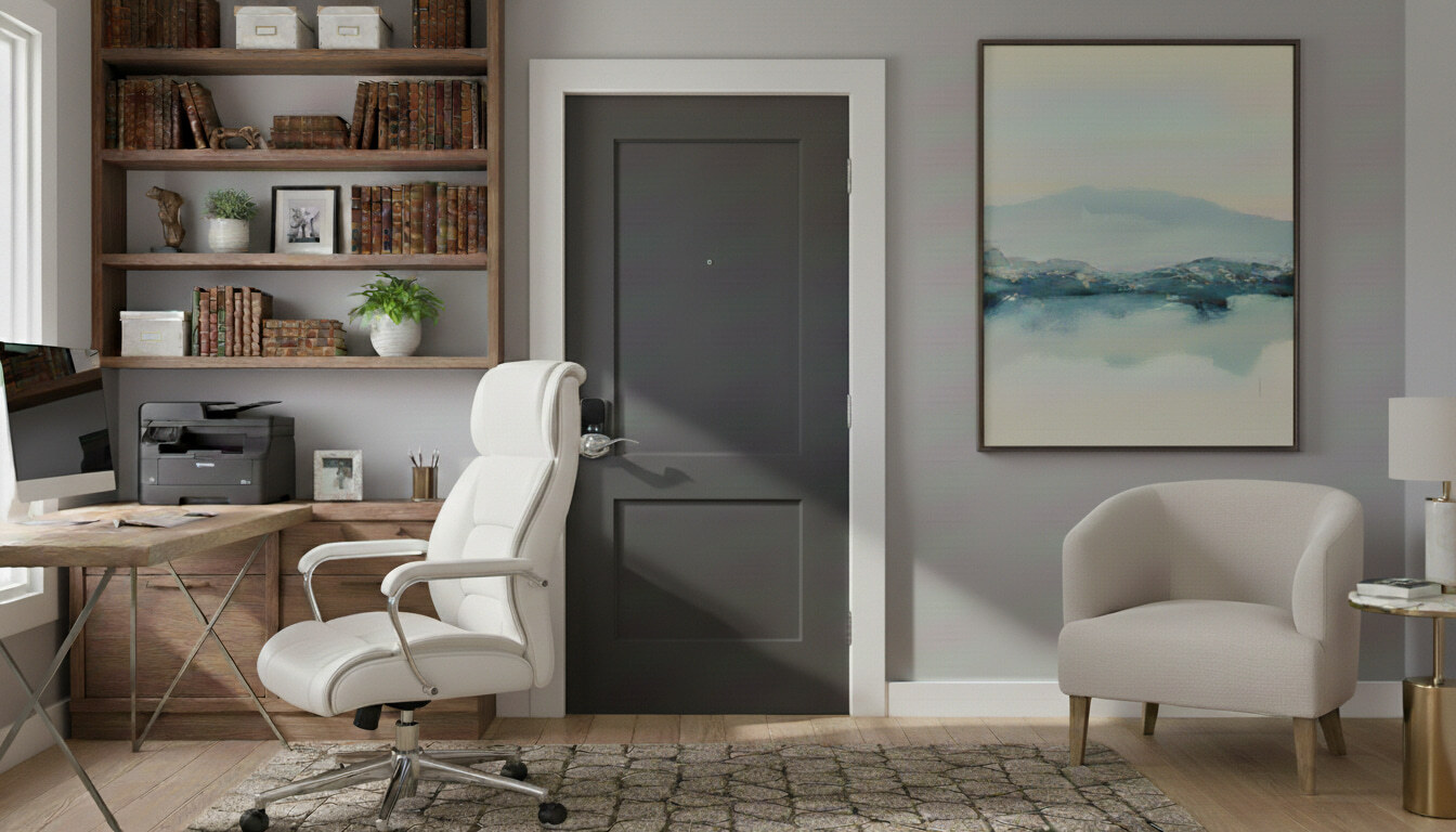 Dark grey office door with a black smart lock in a study with a white chair and wooden bookshelves.
