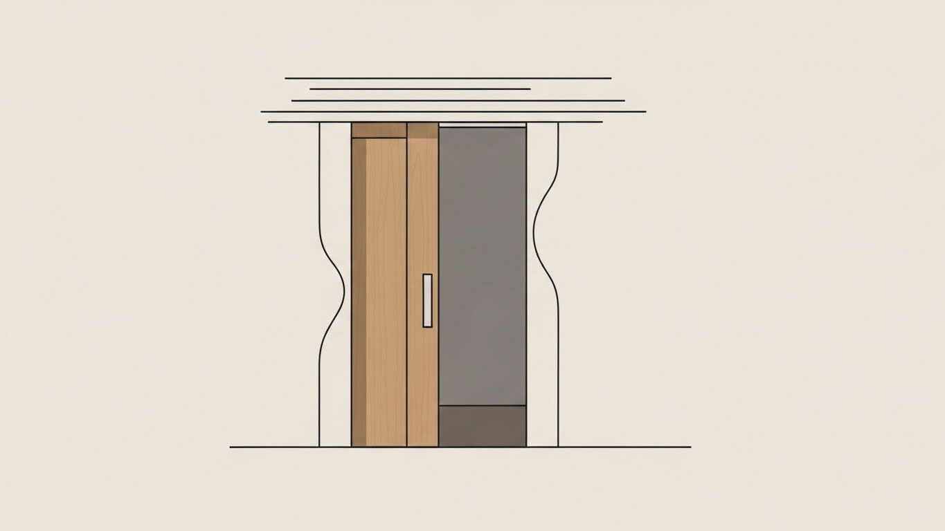 A minimalist technical illustration showing a wooden pocket door partially retracted into a wall.