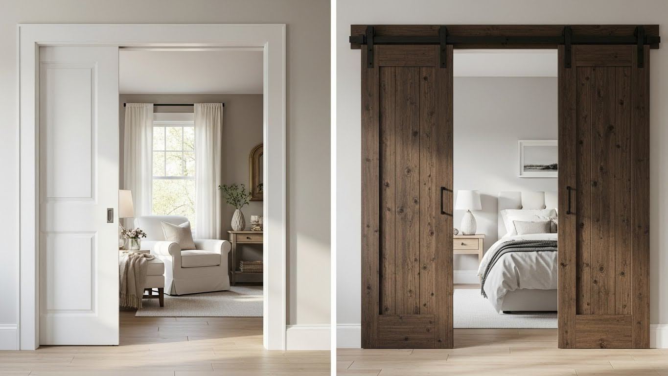 Side-by-side comparison image of a pocket door and barn door