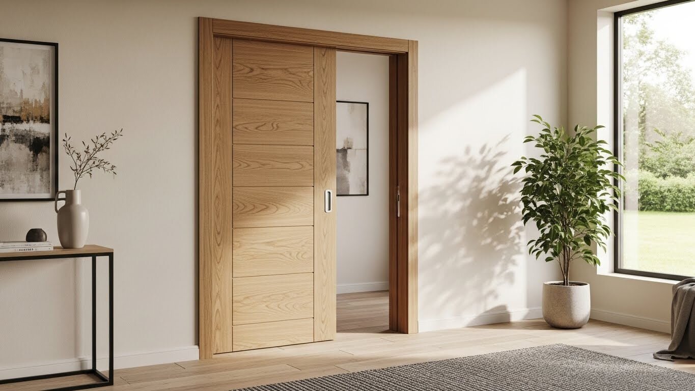A pocket door in a modern living room