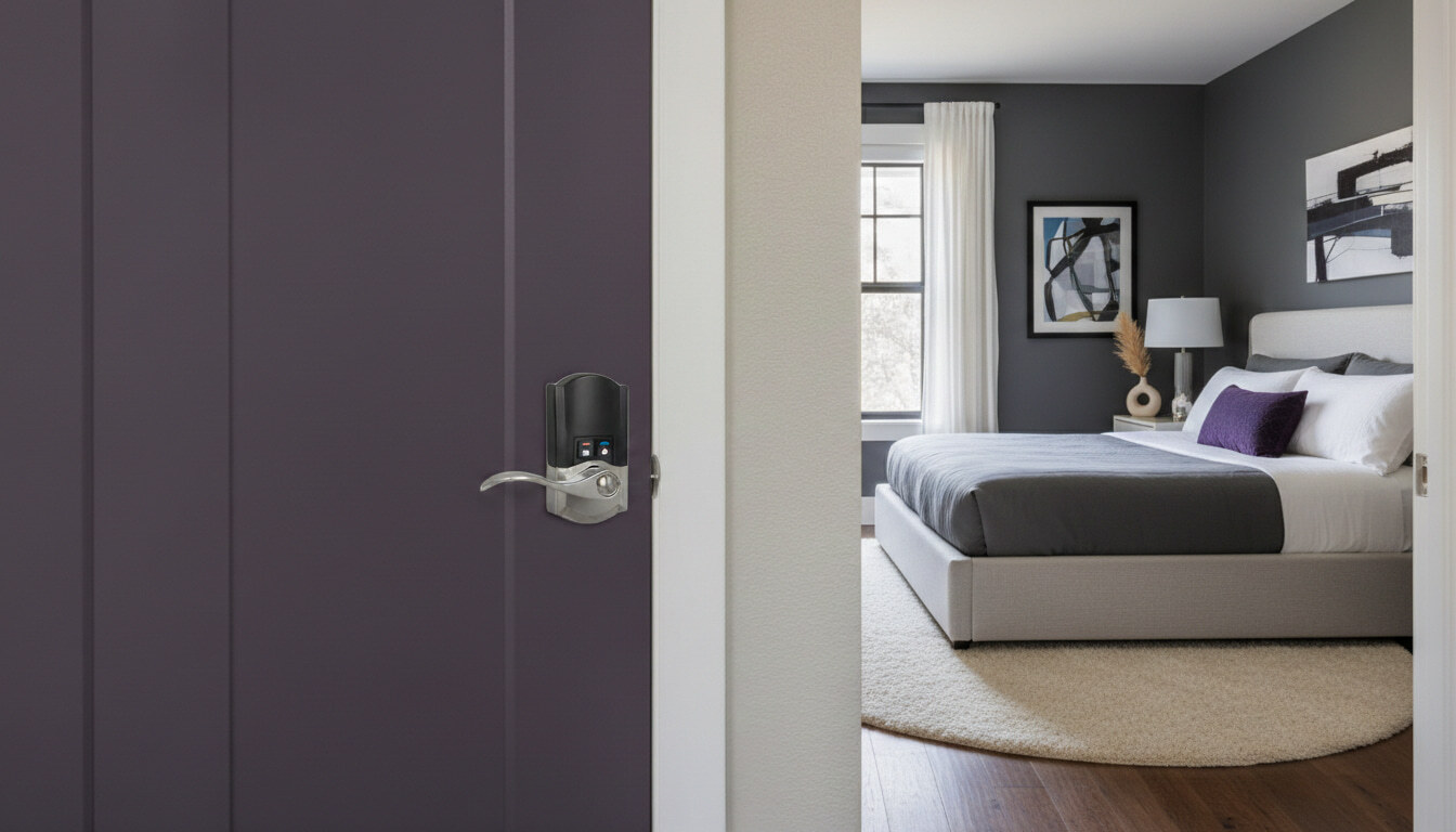 Deep purple interior door with a silver smart handle open to a modern, grey-toned bedroom.