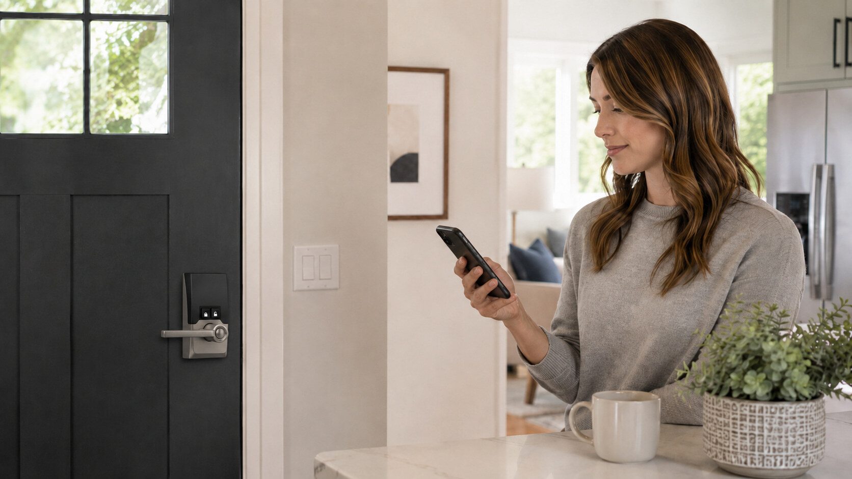 A woman checking her smartphone in a kitchen near a door equipped with a smart lock.