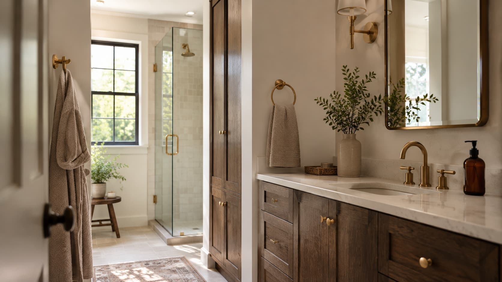 Bathroom featuring a dark wood vanity, glass walk-in shower, and natural textures.