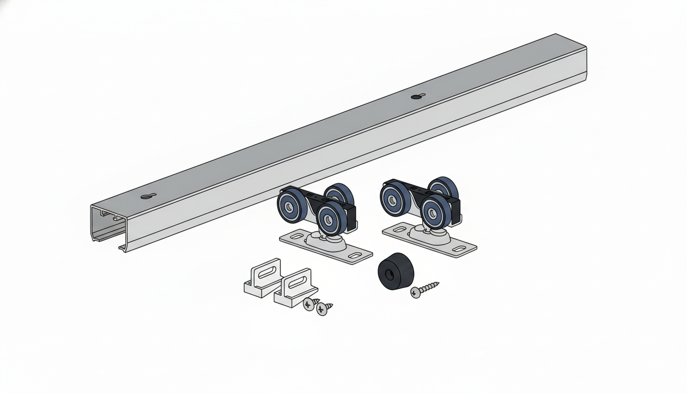 A detailed technical illustration of a sliding pocket door hardware kit featuring a metal track, roller wheels, and installation screws.
