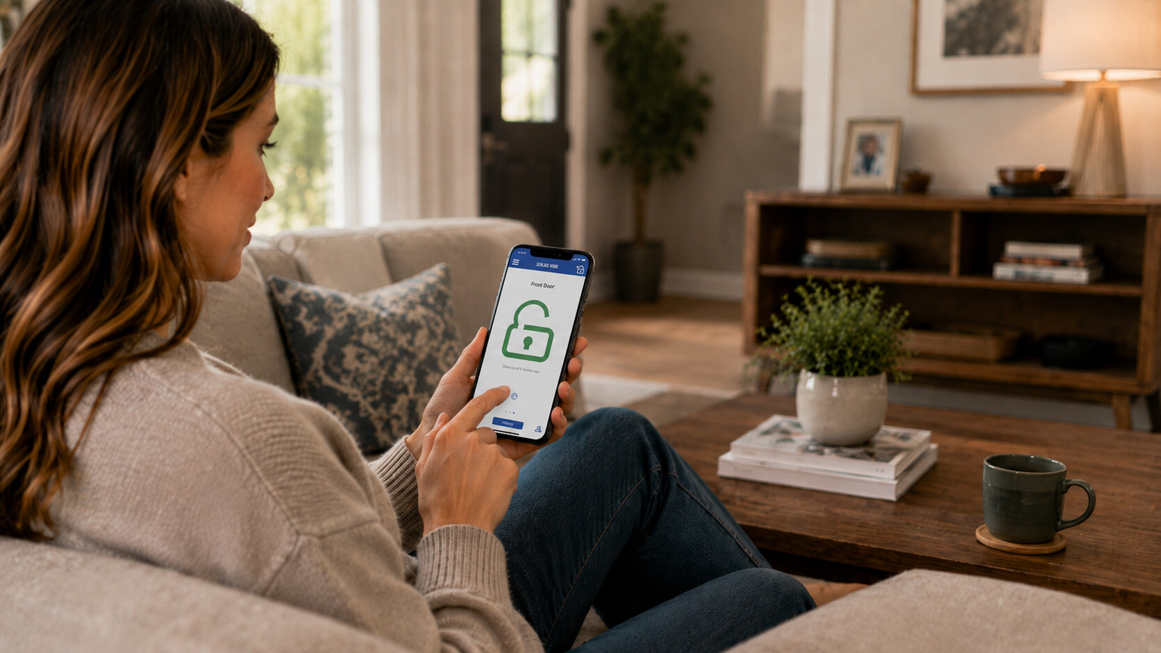 A woman on a living room couch using a smart lock app showing a green unlocked padlock icon.