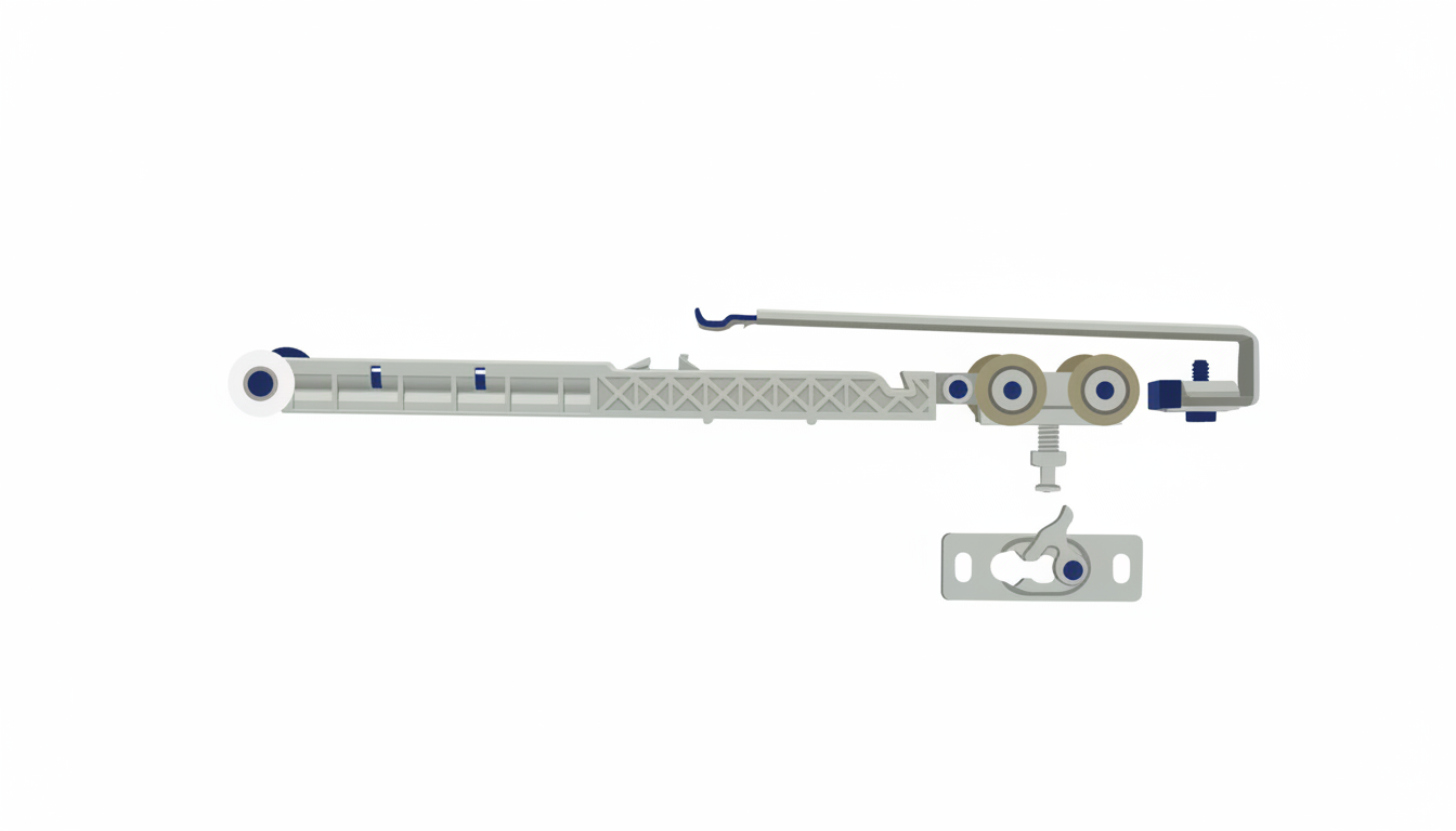 Detailed technical illustration of a gray soft-close sliding door mechanism on a white background.