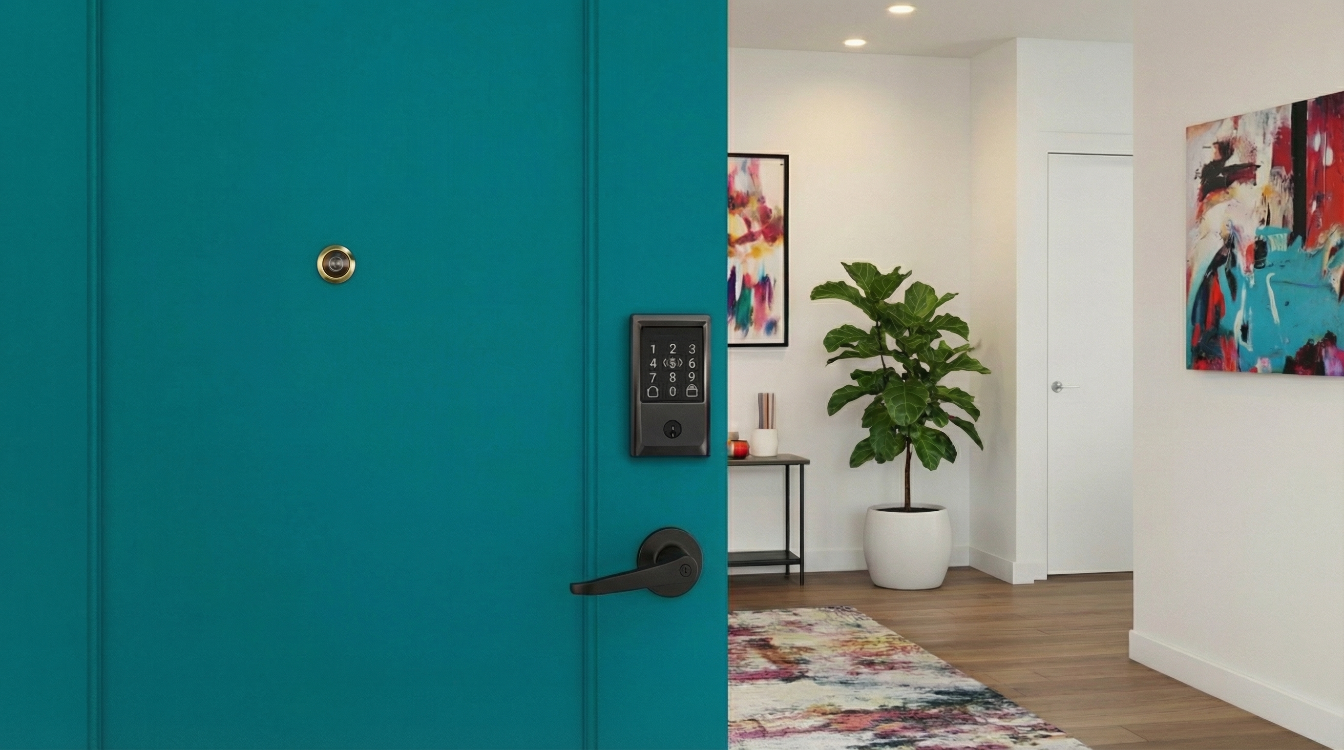 Teal-colored interior door with a black electronic touchscreen lock and integrated peephole.