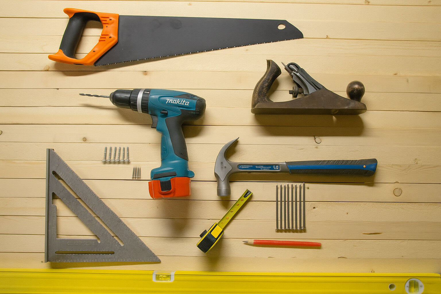 Tools laid out for a pocket door installation project