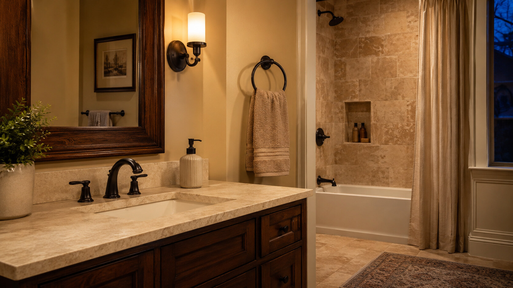 A traditional bathroom featuring a warm stone-tiled shower and bathtub area with a vanity.