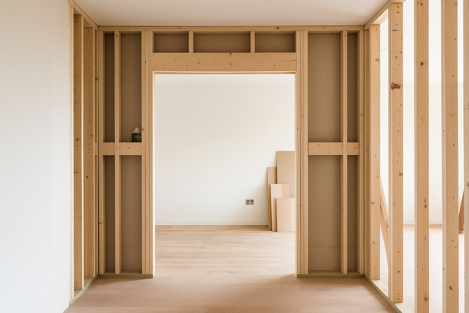 Wall cavity exposed and ready for a pocket door frame