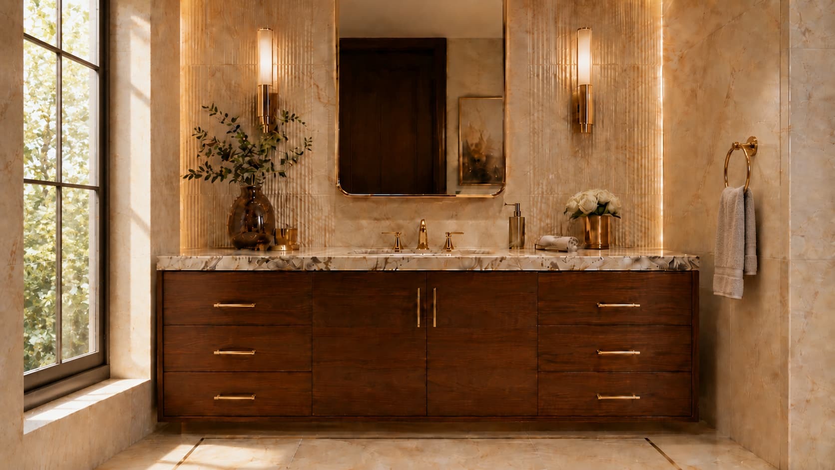 Luxurious bathroom with warm marble wall tiles and a rich wood vanity.