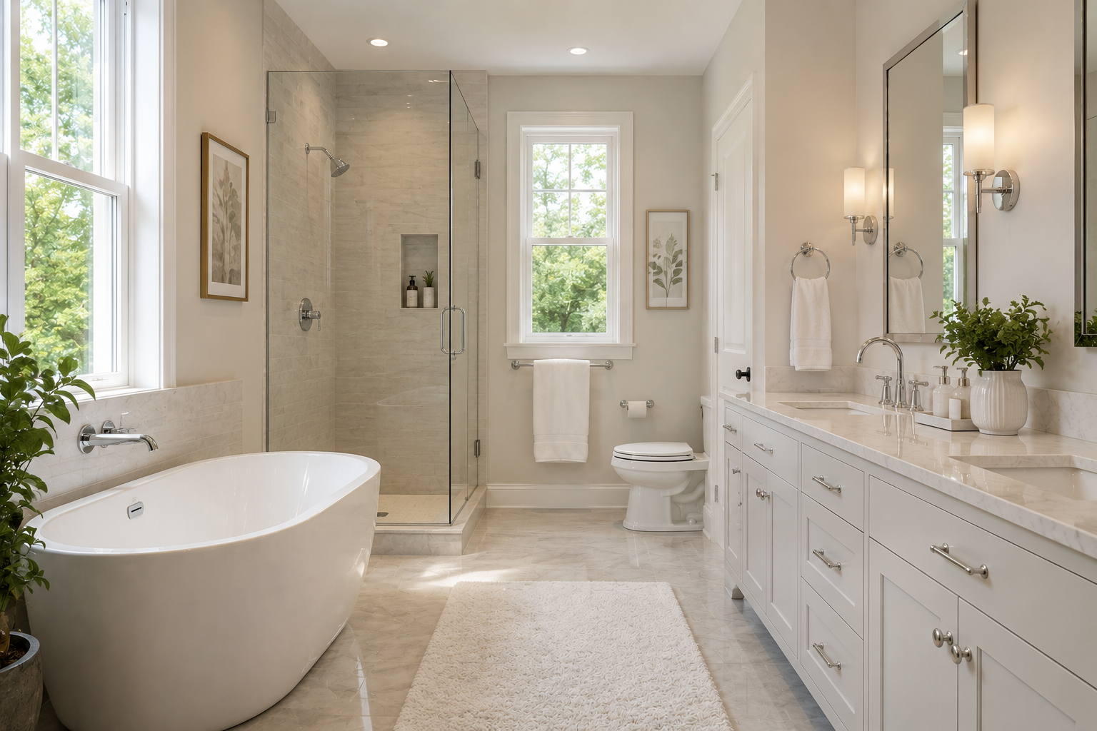Spacious white bathroom with a freestanding tub, glass shower, and double vanity.